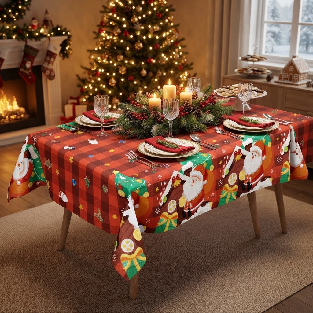 Christmas Waterproof Tablecloth - Cartoon pattern featuring Santa Claus with a gift box