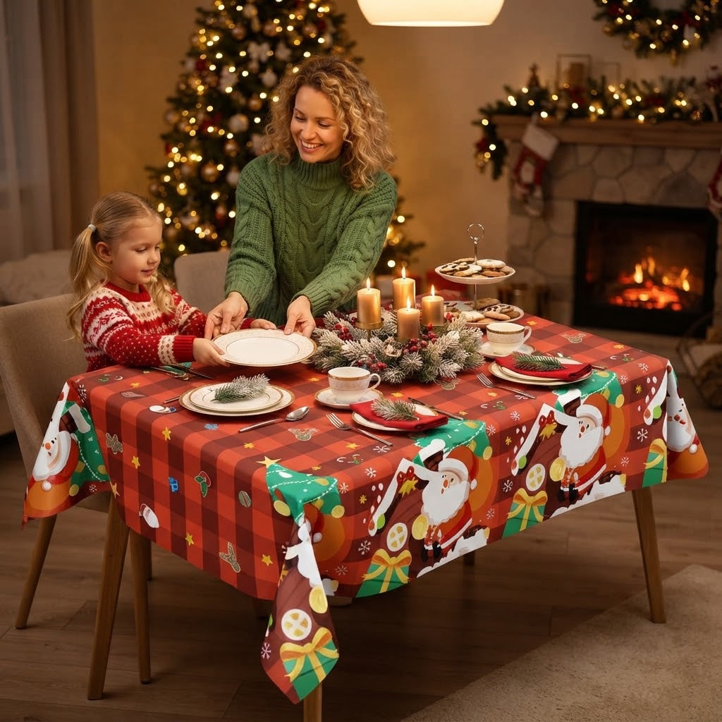 Christmas Waterproof Tablecloth - Cartoon pattern featuring Santa Claus with a gift box