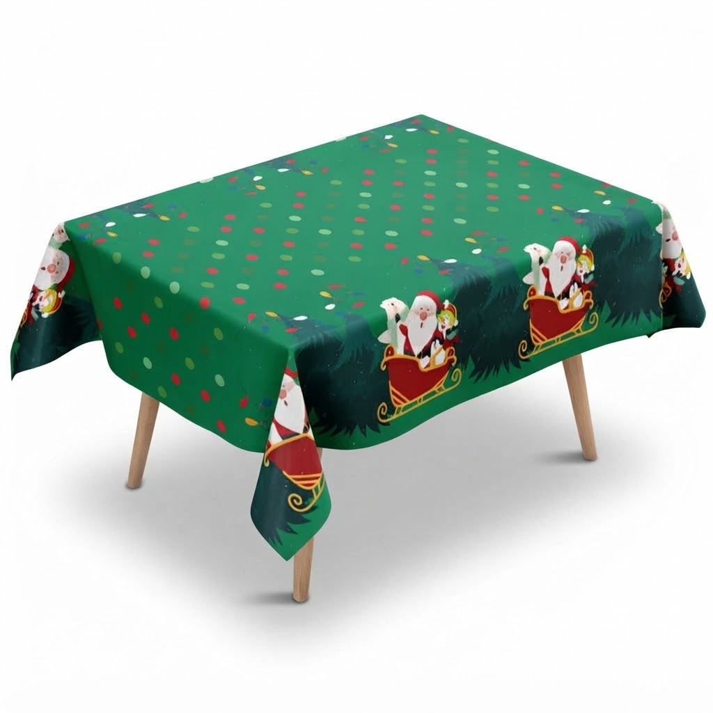 Christmas Waterproof Tablecloth With Santa Sleigh & Reindeer Scene