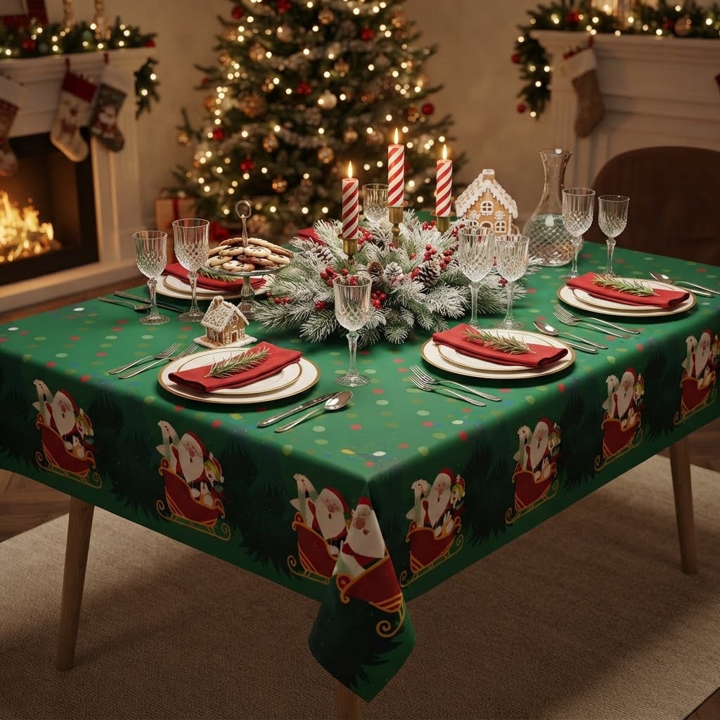 Christmas Waterproof Tablecloth With Santa Sleigh & Reindeer Scene