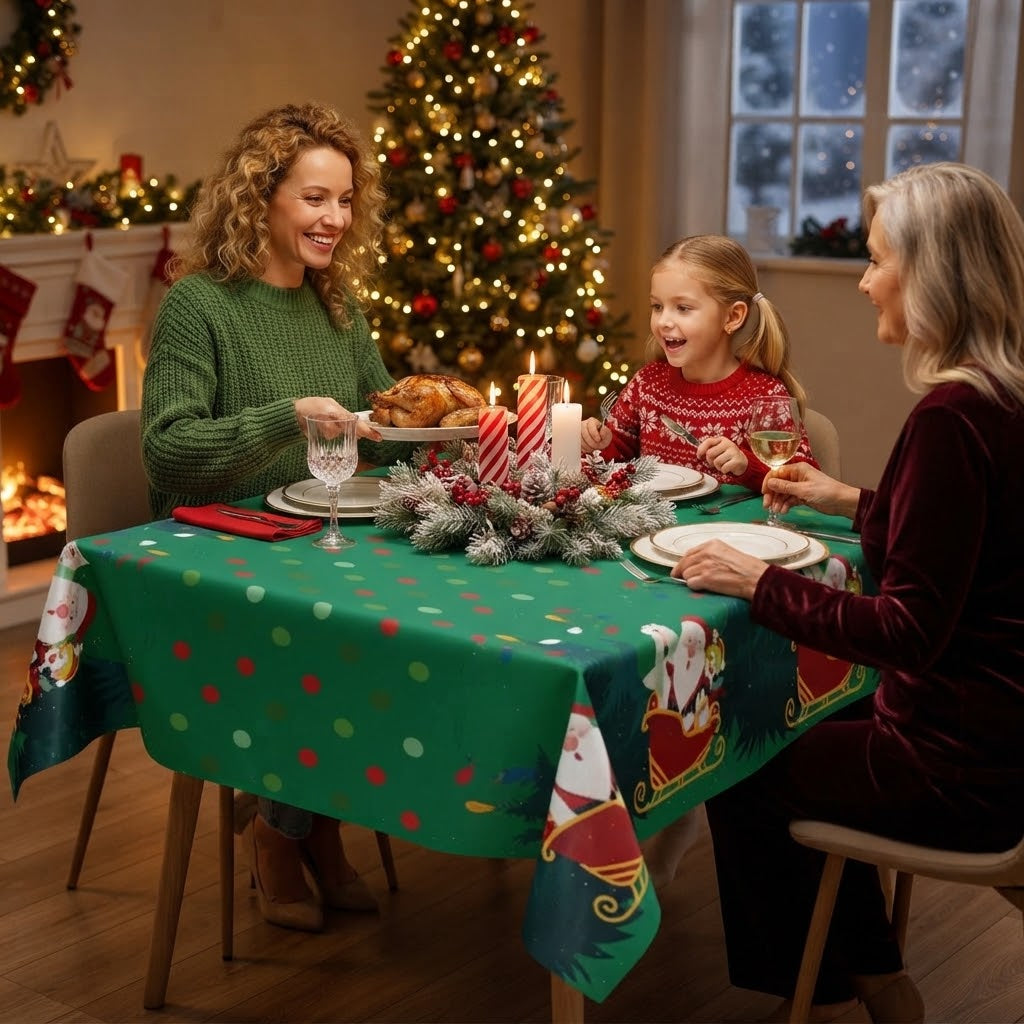 Christmas Waterproof Tablecloth With Santa Sleigh & Reindeer Scene