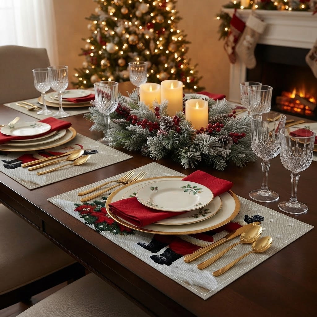 Christmas Tree & Santa Print Placemat Set